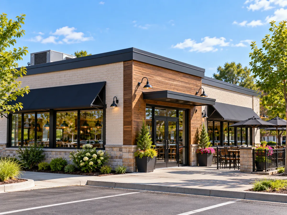 Illustrative restaurant storefront; not a verified Edge Roofing project.